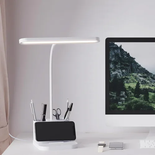 Miniatura 6 de AXX Lámpara de Escritorio Blanca para Dormitorio Universitario, Bonita, LED, Regulable, Pequeña, Portabolígrafos, Cuello de Ganso Flexible, Control