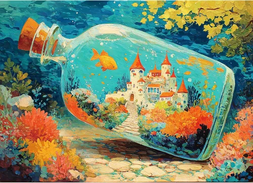 Rompecabezas para adultos de 1000 piezas, castillo de fantasía del océano en botella bajo el agua, peces de la naturaleza, rompecabezas de 1000