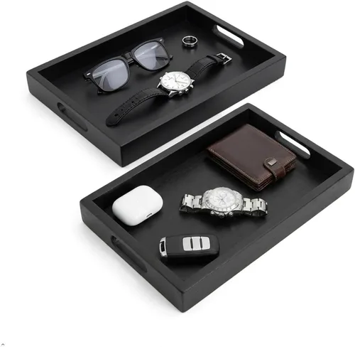 VICTORY RELAX Bandeja rectangular de madera de acacia negra con asas, juego de 2 (15 x 11 pulgadas y 13 x 10 pulgadas), bandeja grande para otomana,