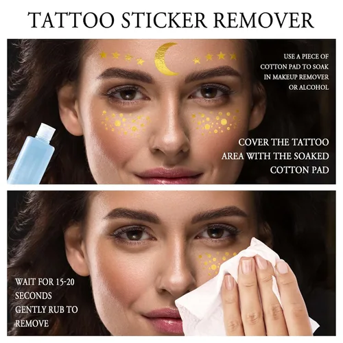 Miniatura 4 de 1 hoja de tatuajes faciales temporales metálicos dorados, luna celestial, estrella, pecas sintéticas, calcomanías de maquillaje, impermeables