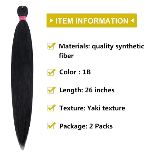 Miniatura 3 de Cabello trenzado negro preestirado, 2 paquetes de extensiones de cabello de trenzas de caja de 26 pulgadas, pelo sintético preestirado trenzado