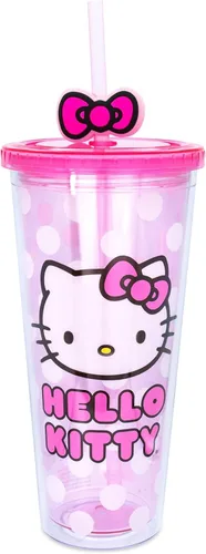 Silver Buffalo Sanrio Hello Kitty Bow Pink Polka Dots - Vaso frío de plástico con tapa y tapa con pajita, 24 onzas Lazo Hello Kitty y lunares rosados