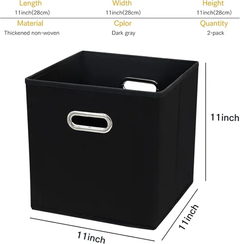 Miniatura 2 de Contenedores de almacenamiento plegables de 11 pulgadas, cubos de tela negra con asa para armario o caja plegable, juego de 2 unidades de 11 x 11 x