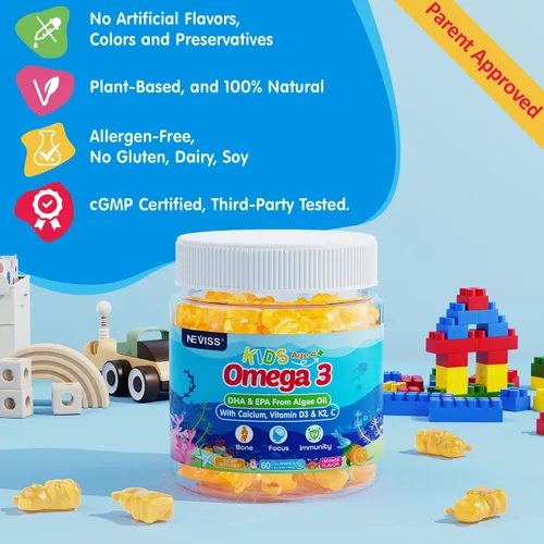 Miniatura 8 de Gomitas Omega 3 para niños + calcio 400 mg + vitamina D3 K2 + C, Omega-3 DHA y suplemento EPA – Sin eructos de pescado, sin azúcar – Niños