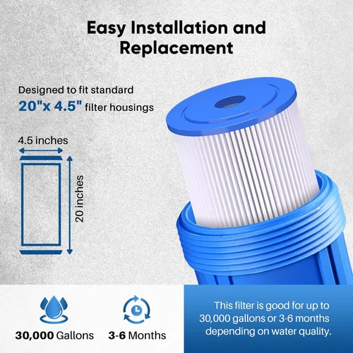 Miniatura 6 de PUREPLUS Filtro de sedimento plisado para toda la casa de 5 micrones de 20" x 4.5" para agua de pozo, cartucho de repuesto para ECP20-20BB, AP810-2