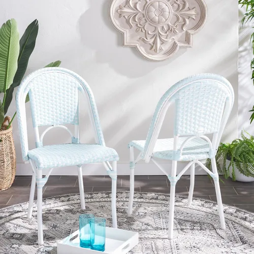 Miniatura 2 de SAFAVIEH Juego de 2 sillas auxiliares California Bistro para exteriores, color azul y blanco, mimbre sintético y marco de aluminio, diseño tejido