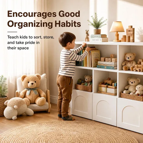 Miniatura 6 de knoworld Organizador de almacenamiento de juguetes, estantería para niños con 5 cubos + 3 cajones enrollables con ruedas de 360°, caja de juguetes