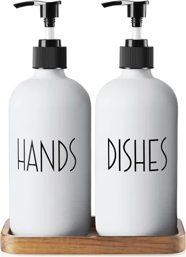 Miniatura 13 de ALELION Dispensador de jabón de vidrio ámbar para cocina - Juego de dispensador de jabón para manos y platos de 16 oz con bandeja de madera