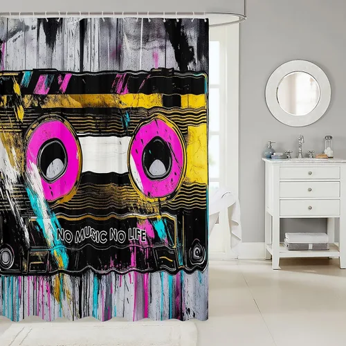 Miniatura 2 de Feelyou Cortina de ducha musical para decoración de baño, cinta de casete, cortina de baño de música, accesorios de baño, tela de poliéster