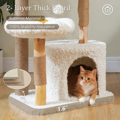 Miniatura 6 de PETEPELA Árbol Rascador Torre Moderno para Gatos Grandes con Percha de Flores, Postes Rascadores de Madera Maciza Natural, Árbol para Gatos Bohemio
