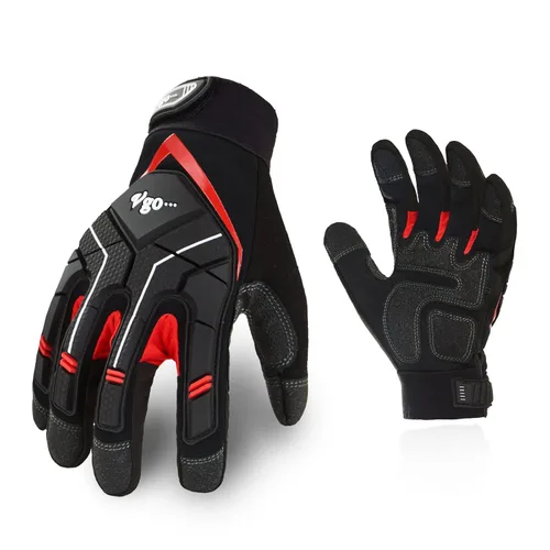 Vgo... 1 par de guantes de trabajo de cuero sintético resistente, compatible con pantalla táctil (talla M, negro y rojo, SL9722)