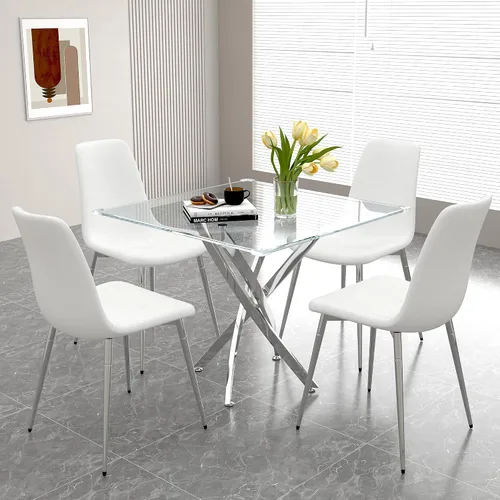 Miniatura 21 de Juego de mesa de comedor de cristal para 4, juego de mesa de cocina redonda dorada de 5 piezas con 4 sillas tapizadas negras, mesa de comedor