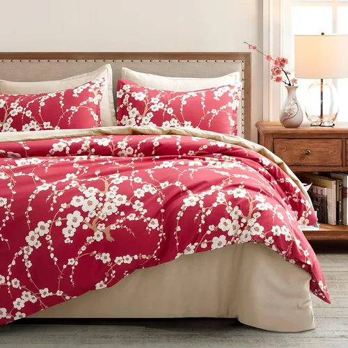 Miniatura 9 de Eikei Juego de 3 piezas de ropa de cama de algodón de 3 piezas con estampado de ramas florales de cerezo rojo cerezo estilo oriental japonés