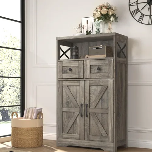 Befrases - Gabinete de almacenamiento de casa rural con cajones y estante, aparador independiente para cocina, sala de estar, oficina en casa, gris