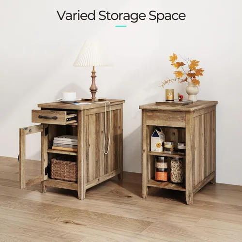Miniatura 7 de LINSY HOME Juego de 2 mesas auxiliares con estación de carga, mesa auxiliar moderna de estilo granja para sofá, mesa auxiliar de madera para Marrón