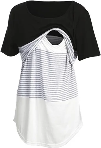 Miniatura 2 de Camiseta de maternidad para mujer, cómoda, de manga corta, raglán, para lactancia, a rayas, de algodón, cuello redondo, túnica