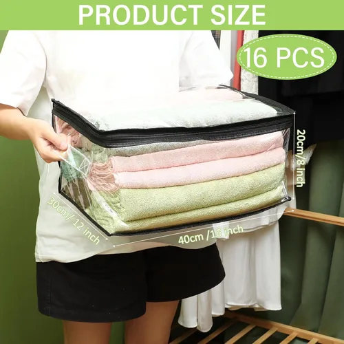 Miniatura 2 de Windyun Paquete de 16 bolsas de almacenamiento transparentes con cremallera y asa para ropa, manta de plástico resistente, bolsas de mudanza