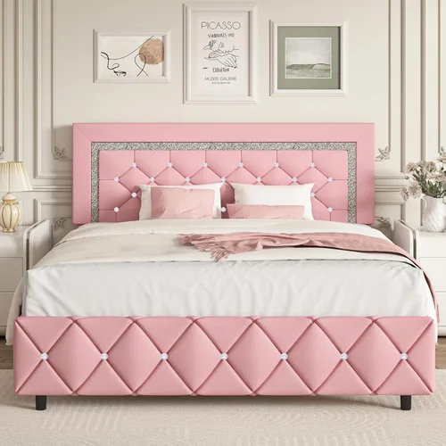 Miniatura 23 de BarnFurin Base de cama y cabecero tamaño King, cama tapizada de piel sintética con diseño capitoné de diamante, base de cama de plataforma moderna