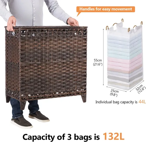 Miniatura 4 de Cesta para ropa sucia con 3 bolsas de forro extraíbles; cesta de lavandería de ratán tejida a mano de 132L con tapa y pies elevados; cesta de ropa
