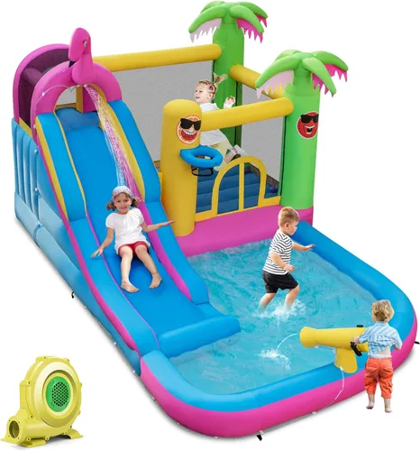 HONEY JOY Tobogán acuático inflable, parque de casa gigante con pared de escalada y piscina de chapoteo, toboganes acuáticos inflables para niños y