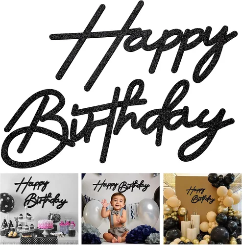 Miniatura 22 de Letrero negro de feliz cumpleaños para telón de fondo, letras de feliz cumpleaños de fieltro para arco de globos, decoraciones de telón de fondo