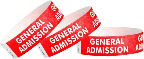 500 Wristco - Pulseras Tyvek rojas de admisión general para eventos, ¾ x 10 pulgadas, impermeables, reciclables, cómodas, resistentes a desgarros,
