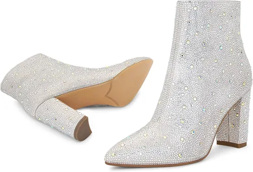 Miniatura 6 de SOVANYOU Botas de diamantes de imitación brillantes para mujer, botines de tacón alto grueso con cremallera lateral