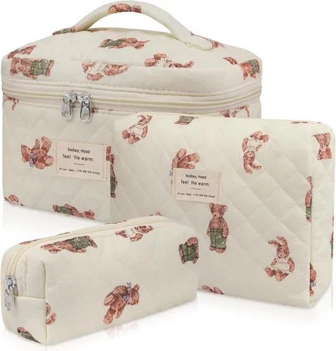 Miniatura 16 de Set de bolsas de maquillaje, bolsa de maquillaje acolchada, bolsa de cosméticos floral grande para mujeres, lindas bolsas de maquillaje de algodón