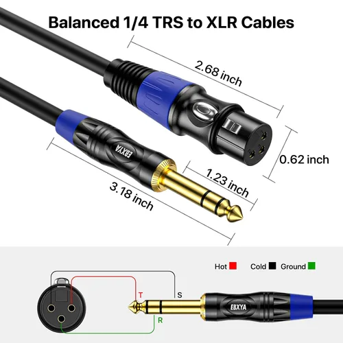 Miniatura 6 de EBXYA Cable XLR equilibrado hembra a TRS, cable de micrófono de 1/4 pulgadas, cable de audio para instrumento de 3 pies, paquete de 2 para micrófono