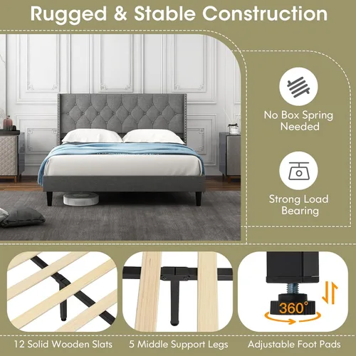 Miniatura 7 de Giantex Base de cama tapizada de tela de lino de tamaño matrimonial, marco de cama moderno con cabecera capitoné con botones, base de colchón