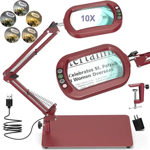 Miniatura 8 de Drdefi Lupa cuadrada de 10X con luz y soporte, lupa de cristal real iluminada con LED, 5 modos de color regulable continuo, lámpara de escritorio