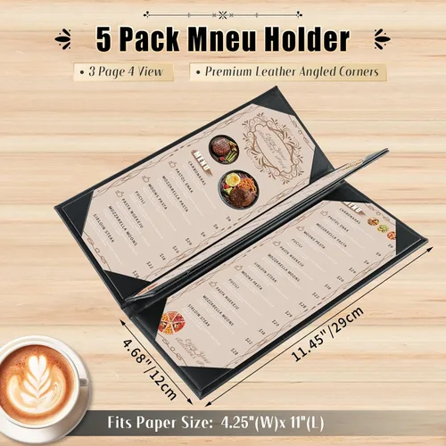 Miniatura 2 de Fundas para menú de restaurante de 4.25 x 11 pulgadas, paquete de 5 paneles de cuero sintético con triple pliegue, 4 esquinas anguladas, color negro