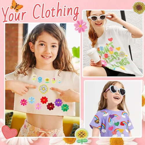 Miniatura 6 de NICEVINYL Parches aleatorios para planchar en la ropa: 120 unidades con diseños de flores y corazones, parches con mariposas lindas bordadas