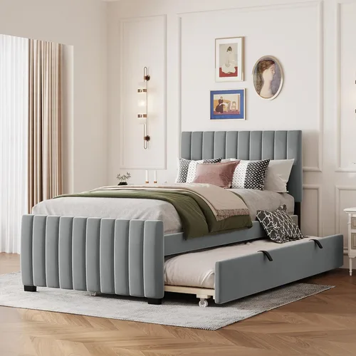 Miniatura 24 de SOFTSEA Cama de plataforma de tamaño matrimonial con nido, cama matrimonial tapizada con cabecero curvado para niños, adolescentes, invitados, tela