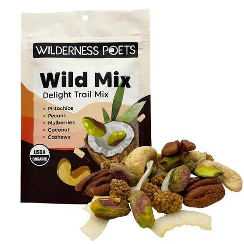Wilderness Poets, Song of Delight Wild Mix - Mezcla orgánica de frutos secos, anacardos, moras, pistachos, cintas de coco, 3.25 onzas