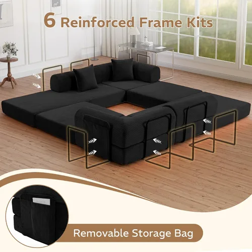 Miniatura 6 de Sofá cama modular en forma de U de 141.73 pulgadas, sofá de pana modular 6 en 1 con sensación suave como una nube, bolsa de almacenamiento