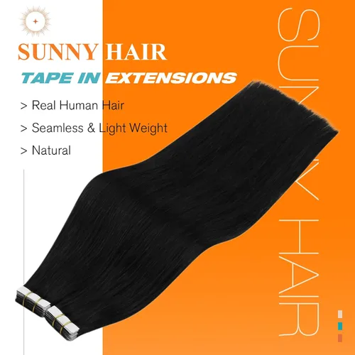 Miniatura 2 de Sunny Hair - Extensiones adhesivas de cabello humano, 24 pulgadas, cinta invisible, color negro azabache, para mujeres, 1.76 onzas, 20