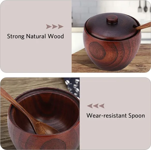Miniatura 2 de Caja de sal de madera maciza para condimentos, contenedor de almacenamiento con cuchara y tapa, azucarero de cocina redondo para especias para sal