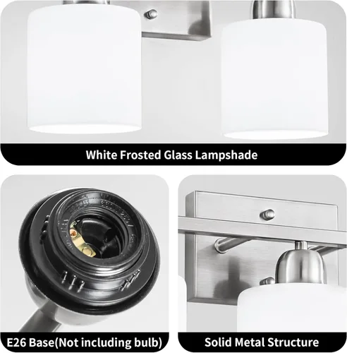 Miniatura 3 de Luz de baño de níquel cepillado, Luz de tocador de baño de 2 luces de níquel cepillado, Lámpara de tocador con pantallas de vidrio esmerilado blanco
