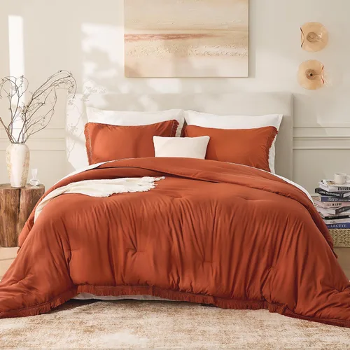 Miniatura 2 de Andency - Juego de edredón tamaño completo de color naranja quemado, 3 piezas, ropa de cama ligera de estilo bohemio terracota para invierno, juego