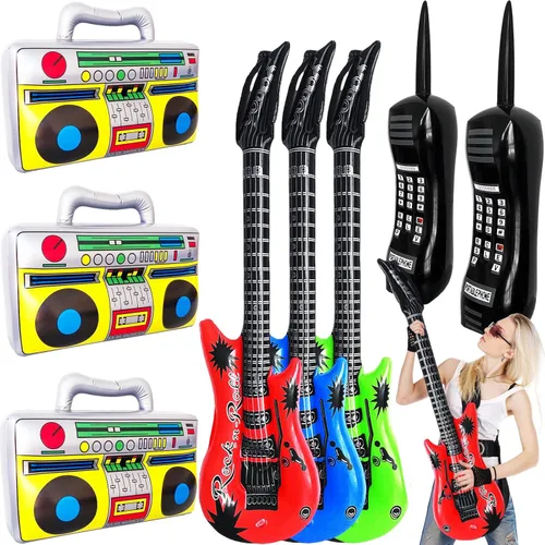 Juego de 8 juguetes inflables de guitarra inflable para teléfono móvil retro Boombox, accesorios inflables para decoraciones de fiesta de los años