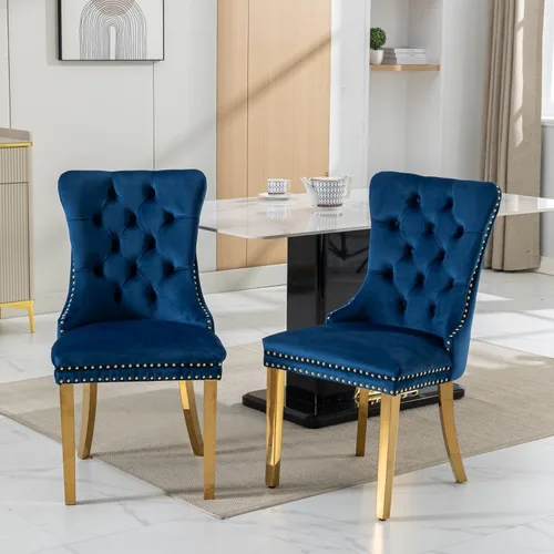 Miniatura 12 de Juego de 2 sillas de comedor de terciopelo, sillas decorativas tapizadas con patas de metal plateado, ribete de cabeza de clavo, tirador de anillo