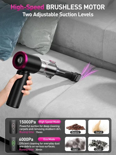 Miniatura 8 de Mini Aspiradora de Coche Portátil Inalámbrica con Luz LED, 15000PA de Succión Potente, 80W de Alta Potencia, Vaciado con un Clic, Filtro Hepa Dual