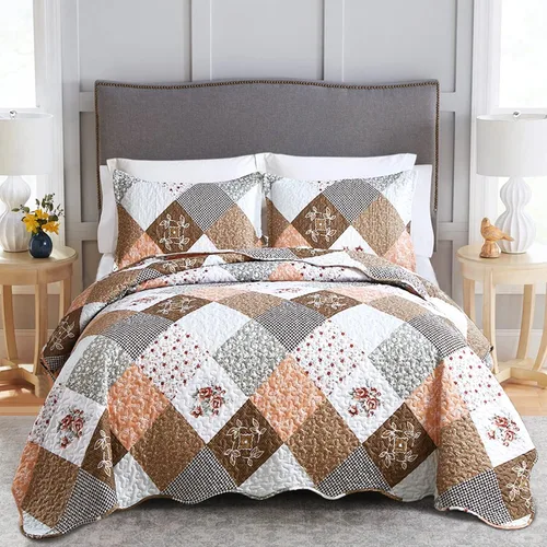 Dinjoy Juego de edredón floral a cuadros de retazos tamaño California King, juego de ropa de cama reversible marrón de microfibra suave, colcha