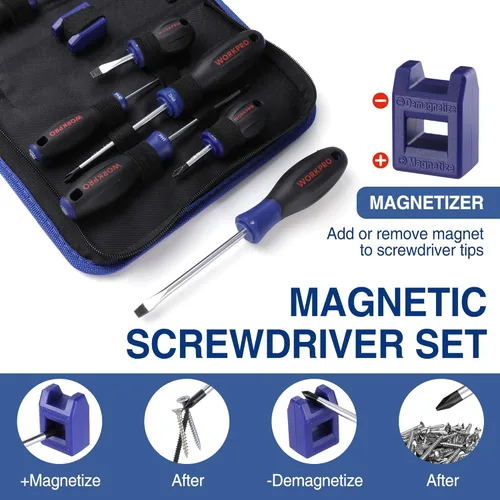 Miniatura 4 de WORKPRO - Juego de destornilladores magnéticos de 10 piezas con bolsa, Phillips, ranurado, cabeza plana, incluye magnetizador, destornillador
