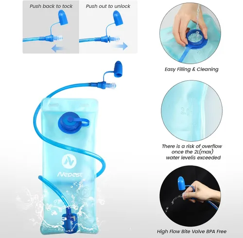 Miniatura 5 de Nepest Mochila de hidratación con bolsa de agua de 2 L para ciclismo, mochila de agua para senderismo, correr, mochila de hidratación ligera 2L