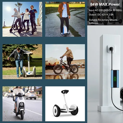 Miniatura 3 de Cargador eléctrico de scooter certificado SGS de 42 V 2 A con pantalla de carga LED (1-100%), universal con 4 conexiones para batería de iones