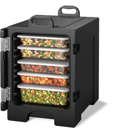 GOFLAME Calentadores de alimentos para catering, cajas calientes para 5 sartenes de tamaño completo, capacidad de 81 cuartos de galón, apilables,