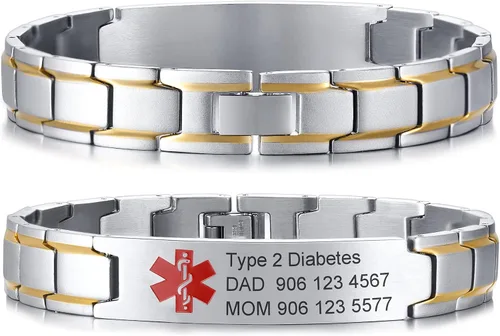 Miniatura 12 de VNOX Pulsera ajustable de acero inoxidable cepillado de 2 tonos con grabado personalizado gratis, identificación de alerta médica, unisex