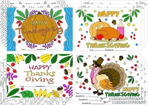 Colorea tus propios manteles individuales, 12 hojas de otoño de Acción de Gracias para niños, de 11 x 17 pulgadas, manteles individuales de papel